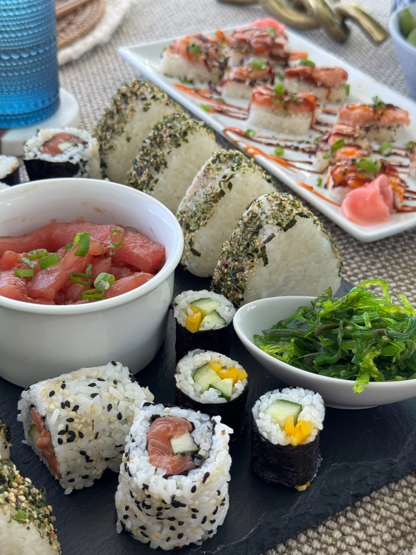 Sushi, sashimi and salads served on Allegra’s deck