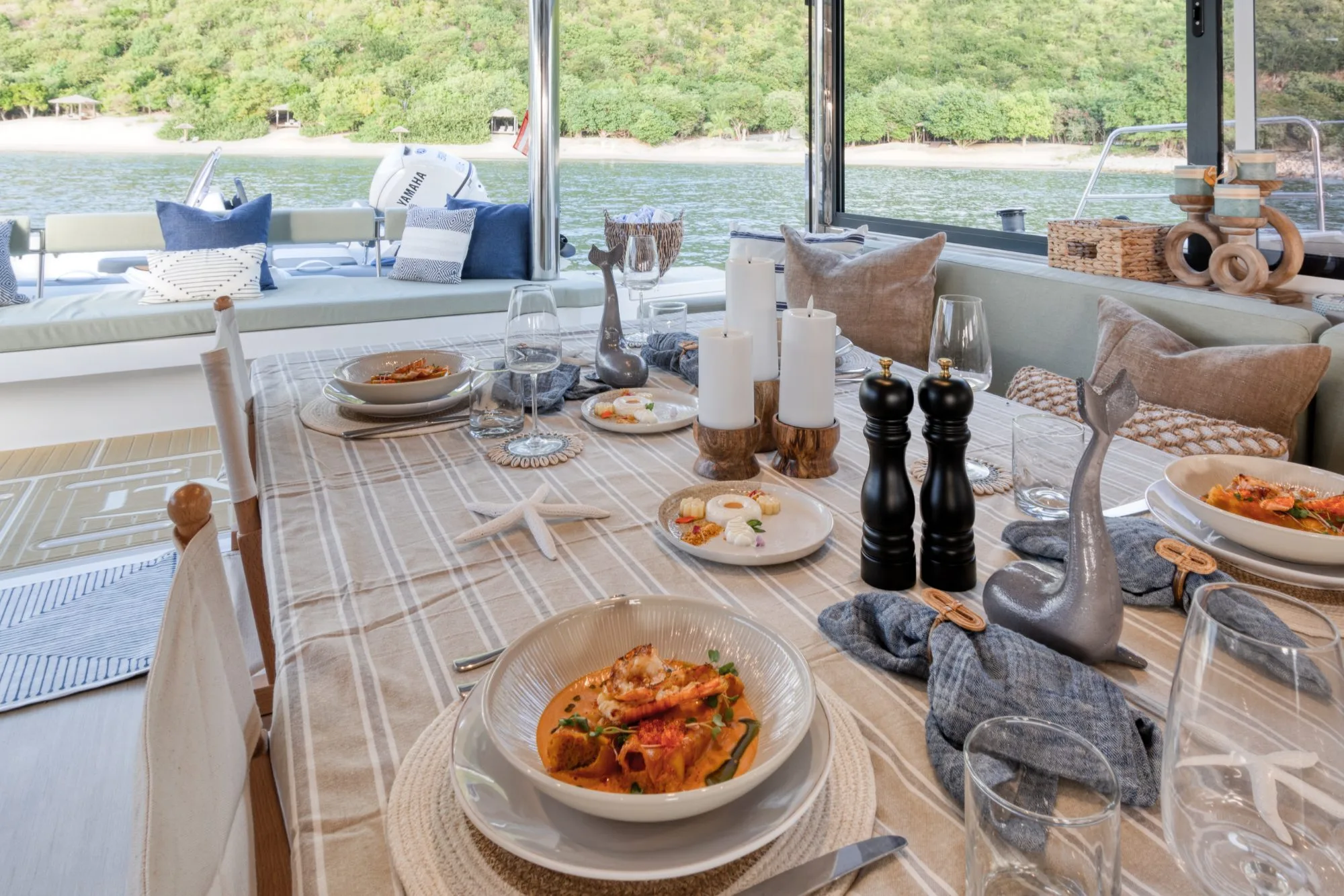 A plated lunch served on Allegra’s aft deck table